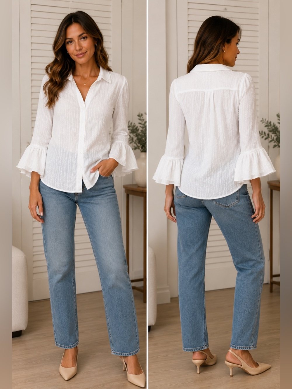 Reset by Jane NWOT Elegant Ivory Bell Sleeve Blouse with Notched Collar